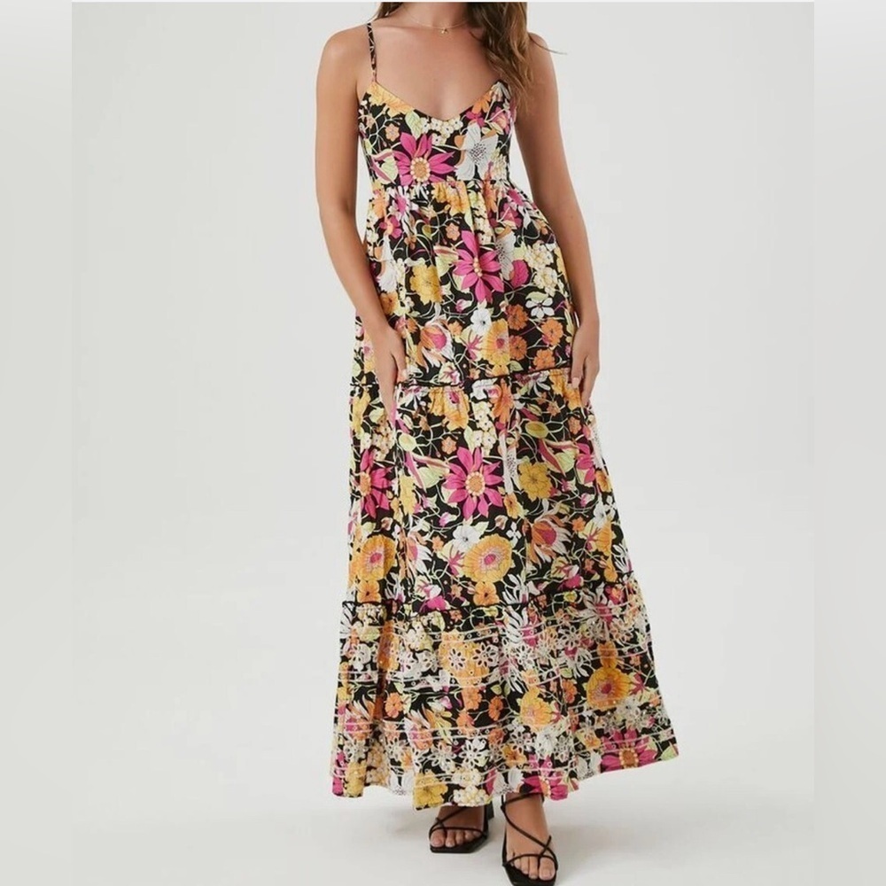 Forever 21 Floral Maxi Dress Poplin Cotton Romantic Cottagecore Girly SZ M Y2K‎